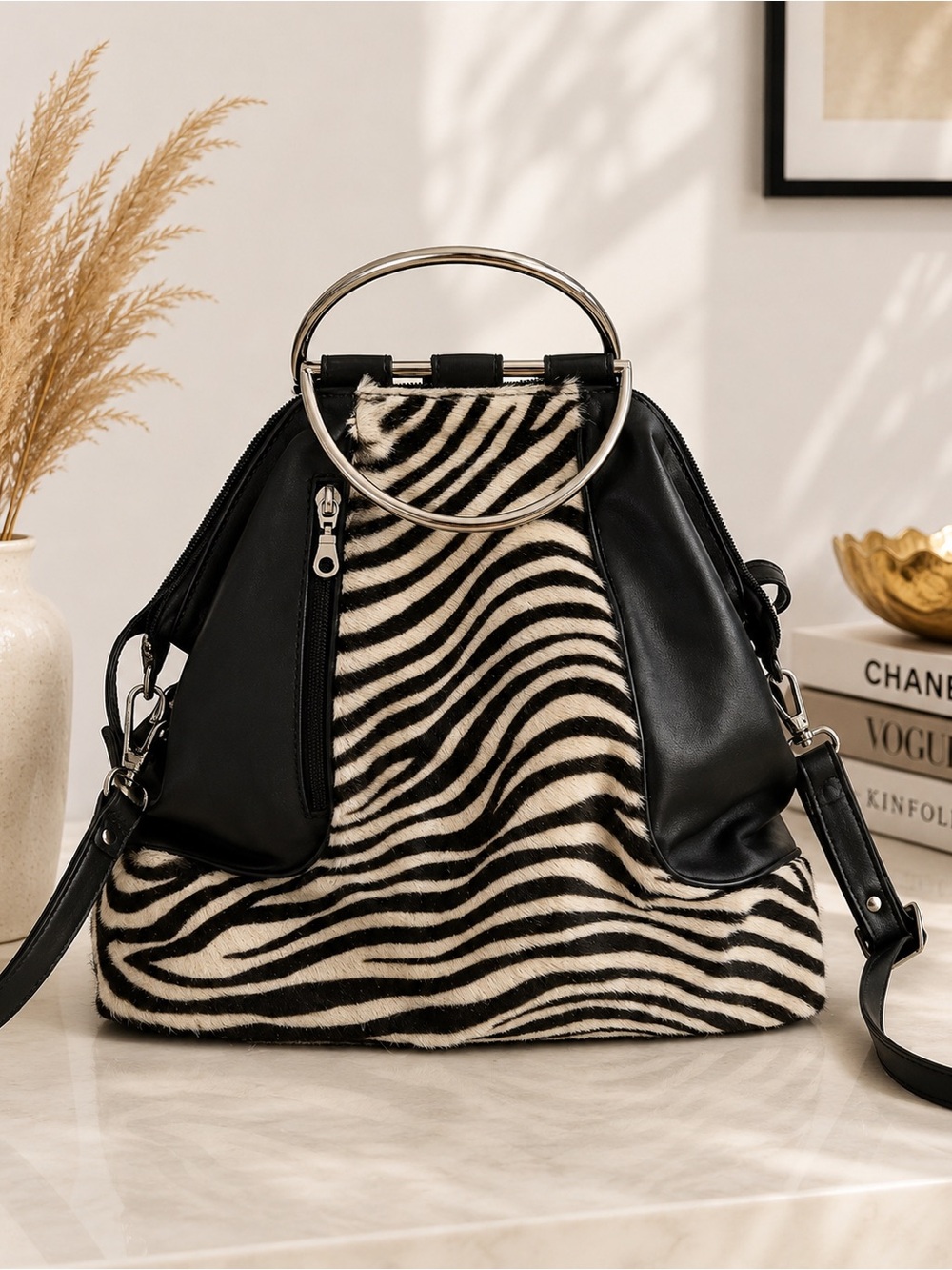 Matteo Mio Zebra Faux Fur Convertible Y2K Shoulder Bag